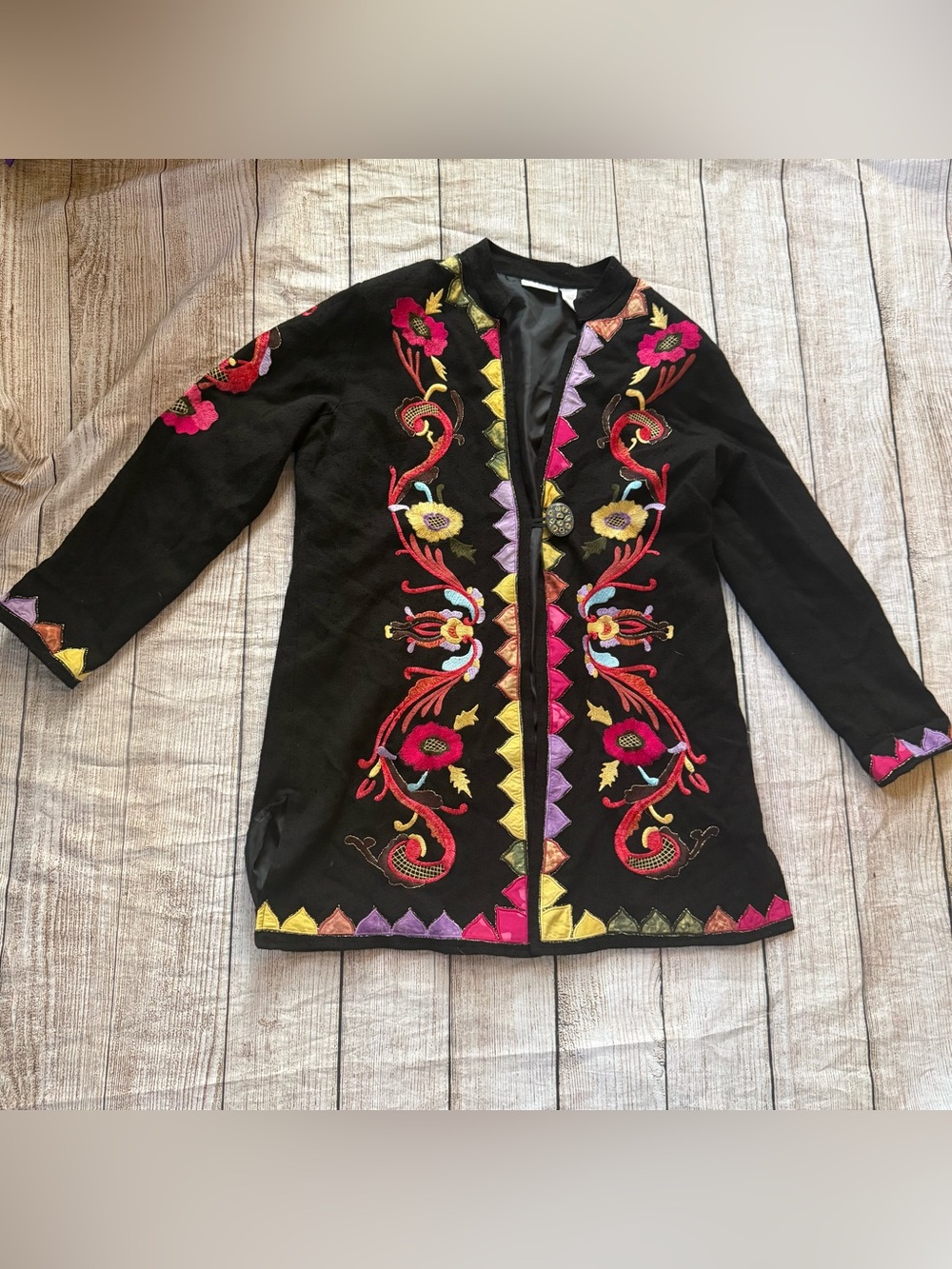 Soft Surroundings black colorful embroidered floral size XL 1 button cardigan